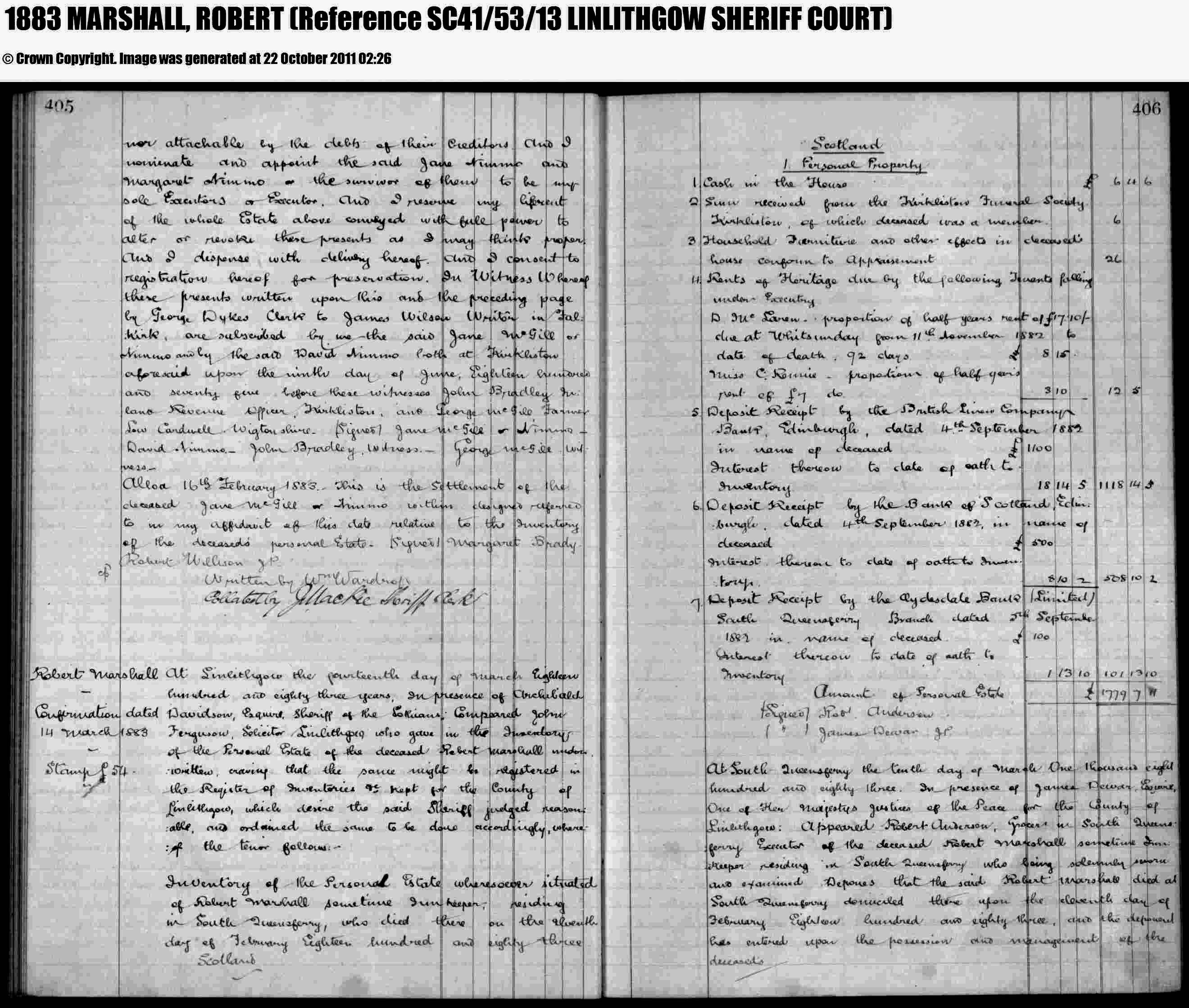 Robert Marshall Will pp 1 & 2, March 1883, Linked To: <a href='profiles/i2281.html' >Robert Marshall</a>